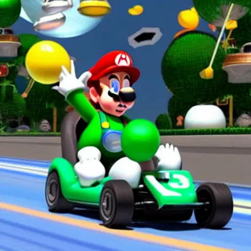 Image similar to elon musk as luigi in mario kart