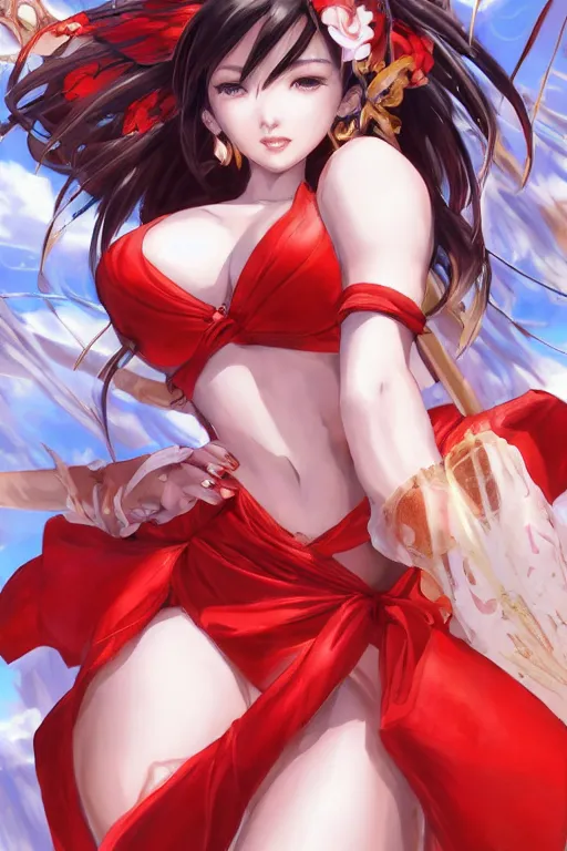 Image similar to Mai Shiranui in red rim light using a pale blue summer dress in a blade and soul spinoff artbook rendered by the artist Taran Fiddler, Joe Madureira, Nadezhda Tikhomirova, Jiyun Chae, Lê Long, trending on Artstation by Hyung Tae Kim, artbook, Stanley Artgerm Lau, WLOP, Rossdraws , James Gurney