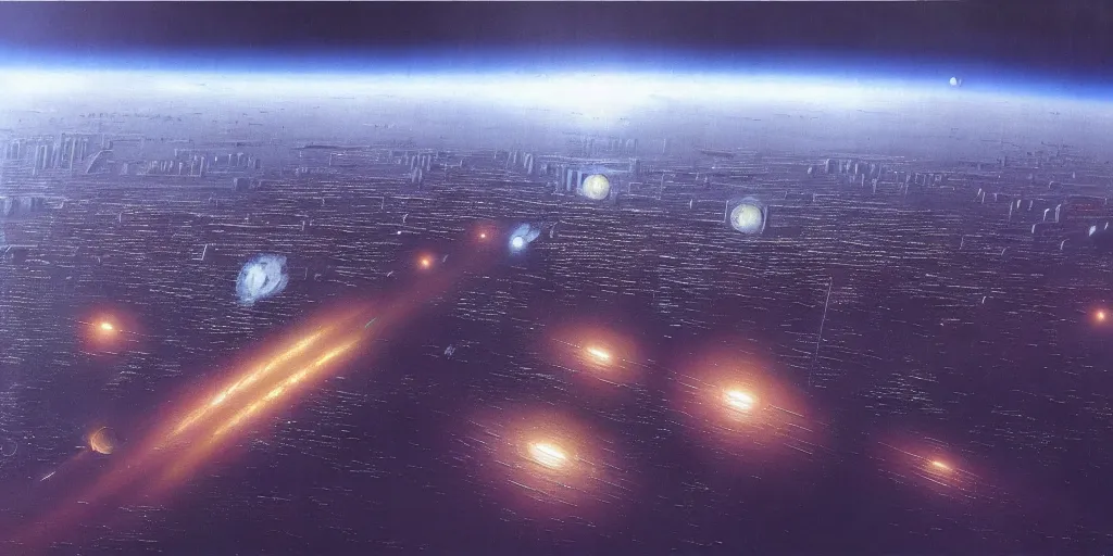 Image similar to a painting of low earth orbit space city by john harris. 8 k, ultra clear detailed.