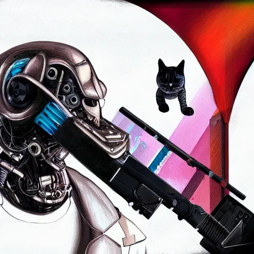 Prompt: portrait, headshot, digital painting, modern art, synthwave, cyborg robot cat with gun on the flybike, realistic, hyperdetailed, concept art