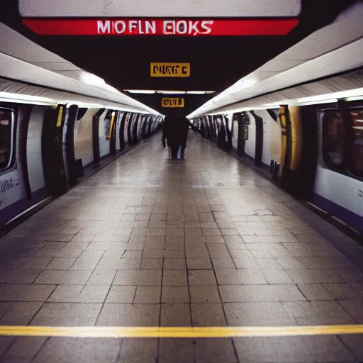 Prompt: photo, london underground, 5 0 mm f / 1. 4, cinestill 8 0 0,