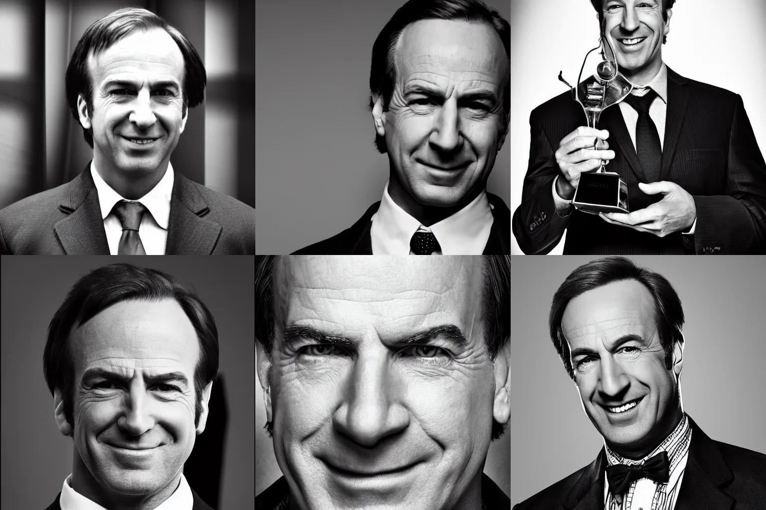 Prompt: photo of Saul Goodman from Breaking Bad as GigaChad, Black and White, Close-Up, Ridiculously Handsome, Smiling, Award Winning Photo, HD