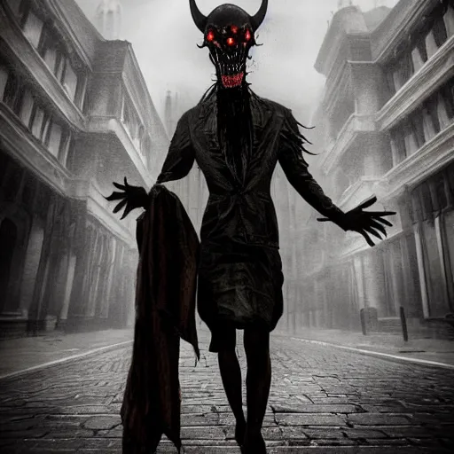 Image similar to terrifying vampiric creature walking through the center of old london city, oil painting, gloomy misty atmosphere, symmetrical, full body image, highly ornate intricate details, very sharp photo,