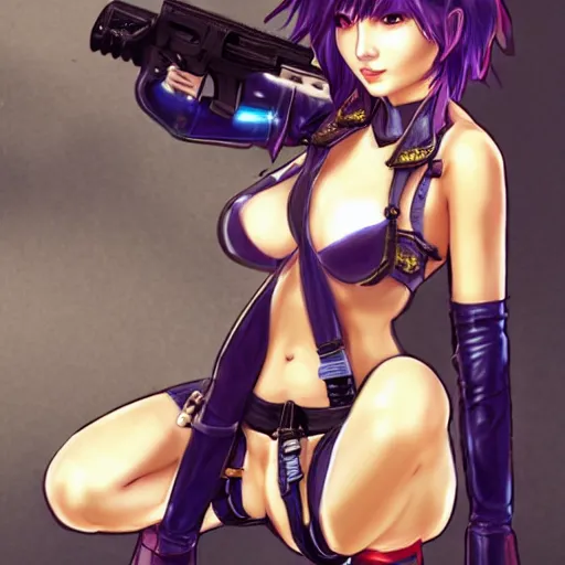 Image similar to concept art illustration of a beautiful young japanese christina hendricks natalie portman as lara croft motoko kusanagi anime protagonist, wearing tokyo harajuku street fashion combat warrior fantasy bikini, intricate, elegant, gorgeous, stunning, alluring, art by kim hyng tae, style of blade and soul, and masamune shirow