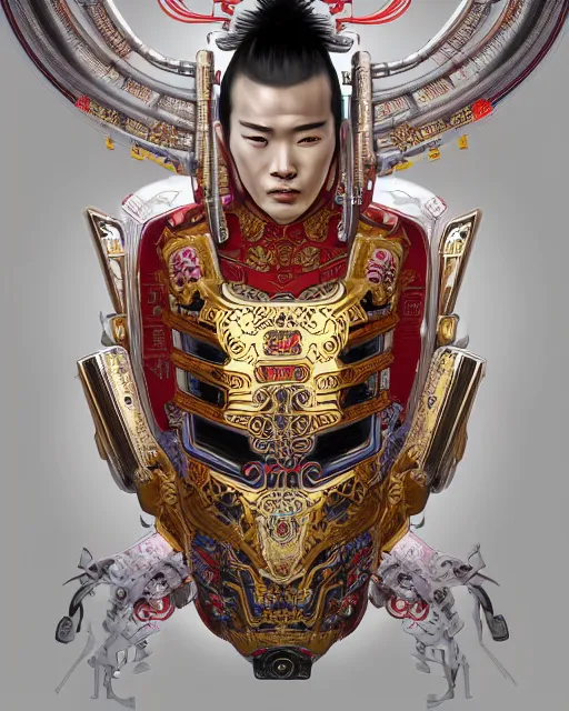 Image similar to portrait of a chinese masculine male cyberpunk machine, machine face, upper half portrait, decorated with chinese opera motifs, muscular, asian, fine china, wuxia, traditional chinese art intricate intense elegant 京 剧 highly detailed symmetry headpiece digital painting artstation concept art smooth sharp focus illustration, art by artgerm and greg rutkowski alphonse mucha 8 k