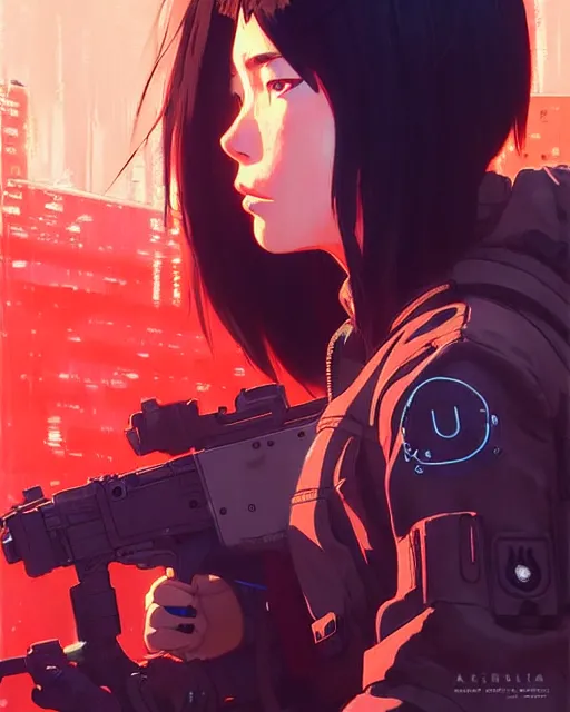 Image similar to girl wearing in tactical gear | | audrey plaza, fine detail!! anime!! realistic shaded lighting!! dramatic!! poster by ilya kuvshinov katsuhiro otomo ghost - in - the - shell, magali villeneuve, artgerm, jeremy lipkin and michael garmash and rob rey