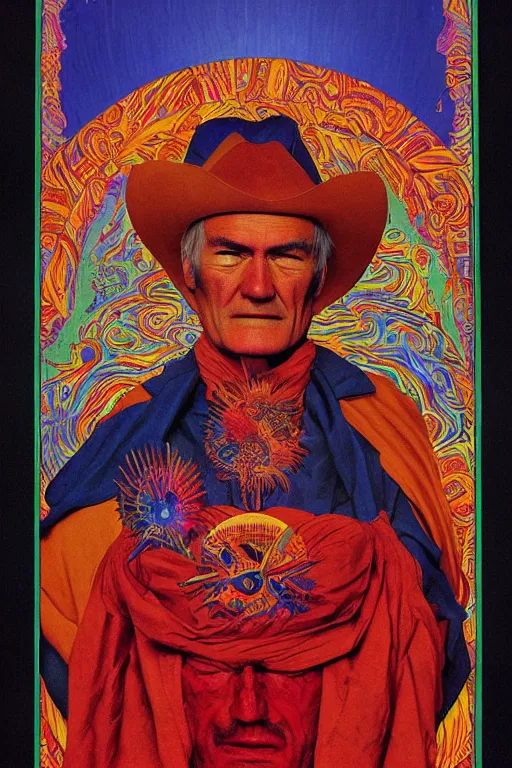 Image similar to an awesome jean giraud portrait of timothy leary in the style of a renaissance masters portrait, mystical and new age symbolism, tibetan book of the dead