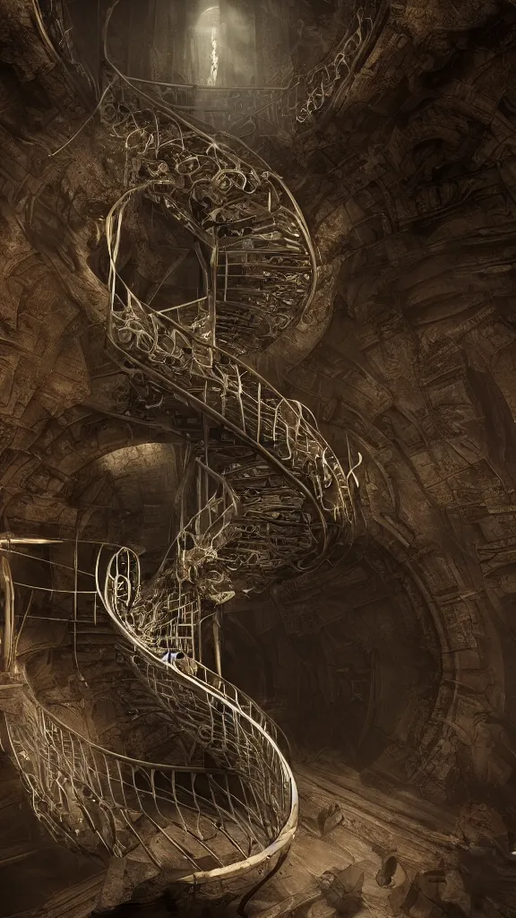 Prompt: a winding spiral staircase leading to a tendril-covered sanctum in the sky, volumetric lighting, unreal engine 5, harrowing apocalyptic atmosphere, photorealistic, unnerving, hyperdetailed 3d matte painting, hyperrealism, hyperrealistic, cinematic masterpiece, fantasy horror style 8k ultrahd octane render