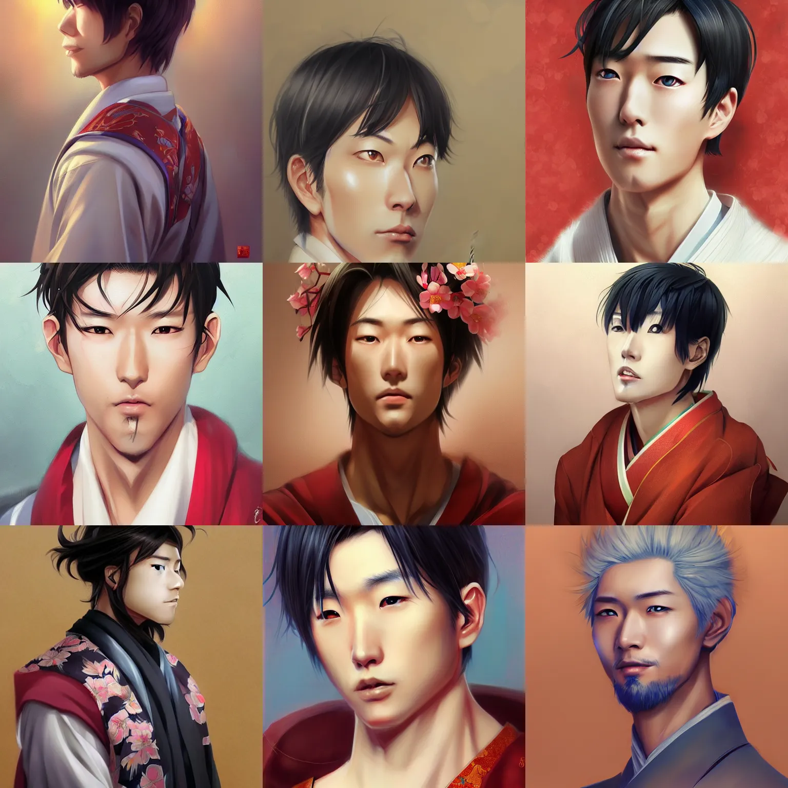 Prompt: A realistic anime portrait of a handsome japanese man with a human face wearing a kimono, digital painting, by Stanley Artgerm Lau, WLOP, and Rossdraws, digtial painting, trending on ArtStation, deviantart