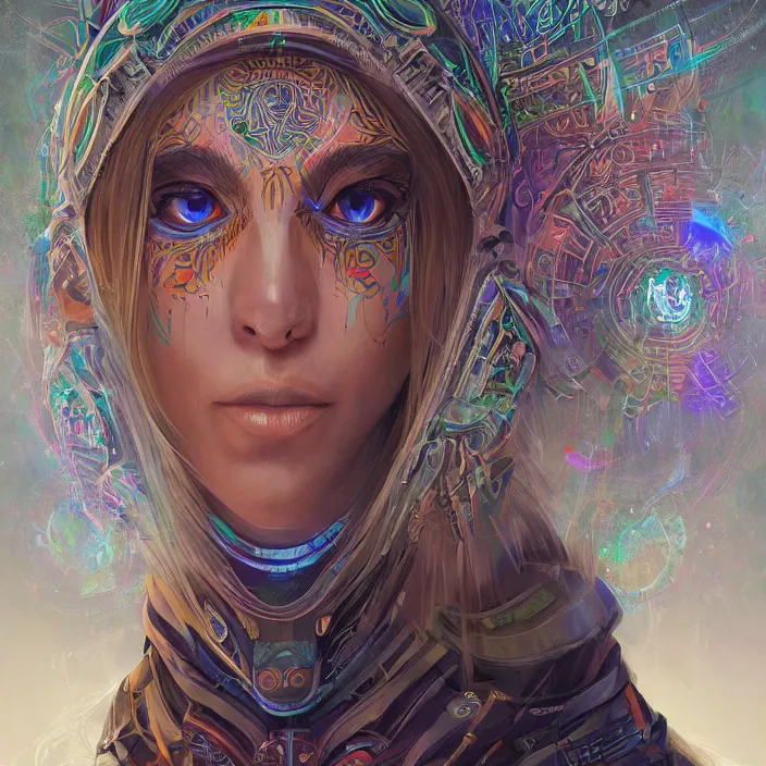 Image similar to portrait of a future metaverse ayahuasca tech shaman warrior, 2 d cartoon, visionary art, symmetric, magick symbols, holy halo, shipibo patterns, sci - fi, concept art, trending on art station, 8 k digital art, by mandy jurgens, fantasy portrait art, anime