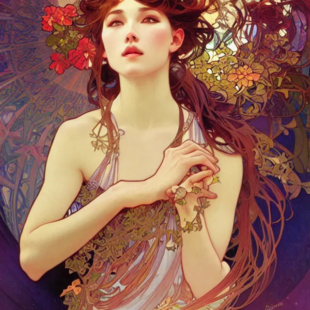 Prompt: in this whole world, you are the most beautiful. oil painting, by ross tran an alphonse mucha