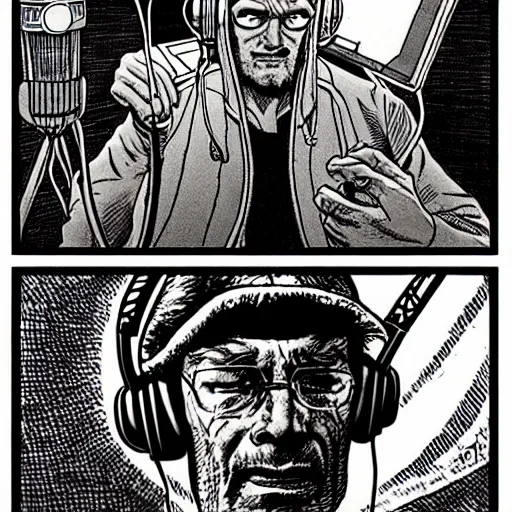 Image similar to drawn in the style of jean giraud!! moebius!! rackham the red wearing headphones and speaking into big microphone, podcast studio