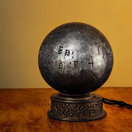 Prompt: an iron ball with weird symbols engraved on it, the ball is on a pedestal. the light enter the room by a hole in the ceiling. closeup. anne rice.