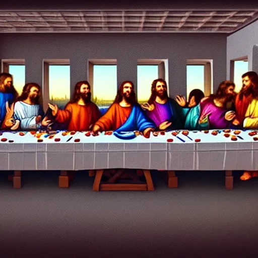 Prompt: the last supper but it is only jesus'clones, realistic, hdr, clear image, hdd, rtx on,