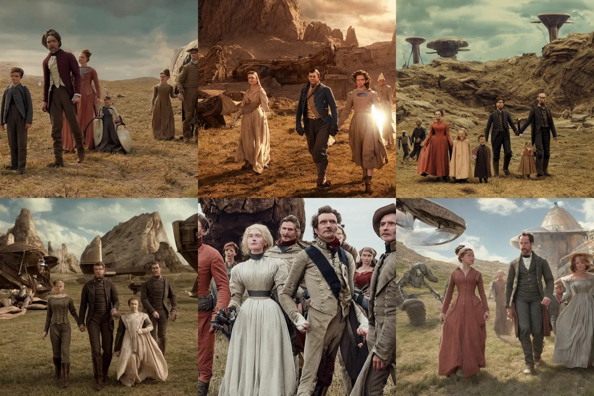 Prompt: still from a sci fi blockbuster movie made in 2022, set in 1860, of a family leaving a spaceship, that has just landed on an alien planet, wearing 1850s era clothes, good lighting, 4k, HD, in focus faces