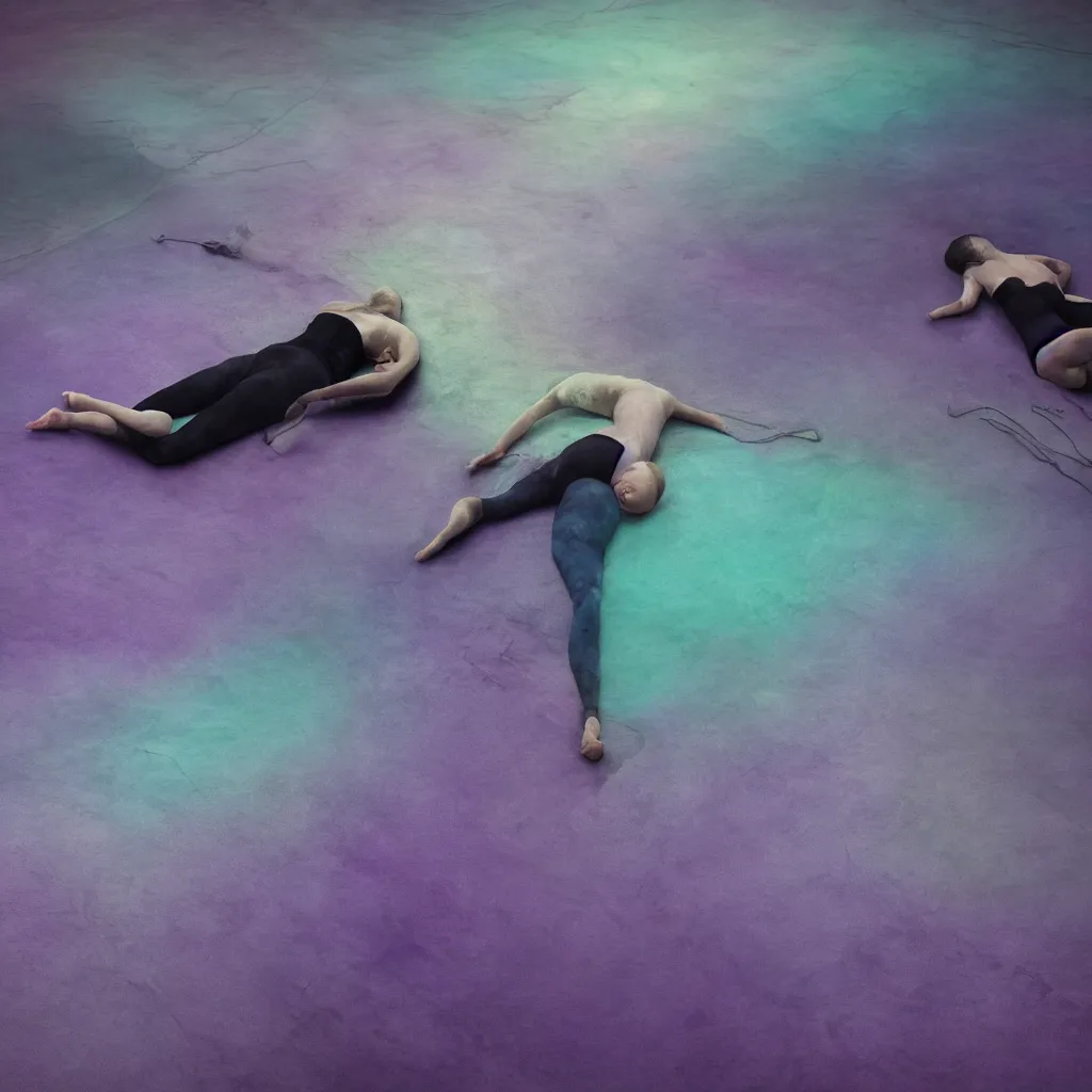 Image similar to iridiscent oil spill with women corpses connected by cables and computers to wax forms to a buried baby relaxing on yoga mat, faded, iridiscent gradient, dust, purple fog, depth of field, by nadav kander and hans bellmer, 8 k, ultrarealistic, sad atmosphere, cinematic, 8 5 mm lens