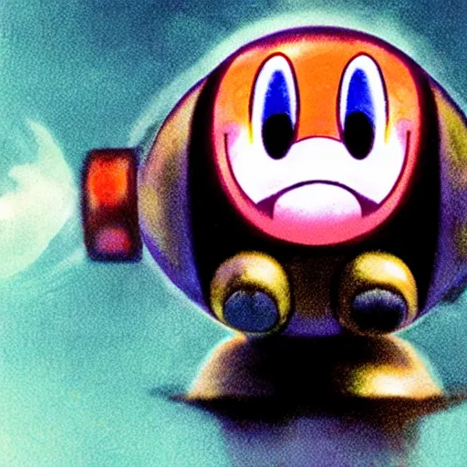 Prompt: Kirby in the deep darkness staring at you with shining red eyes, found footage