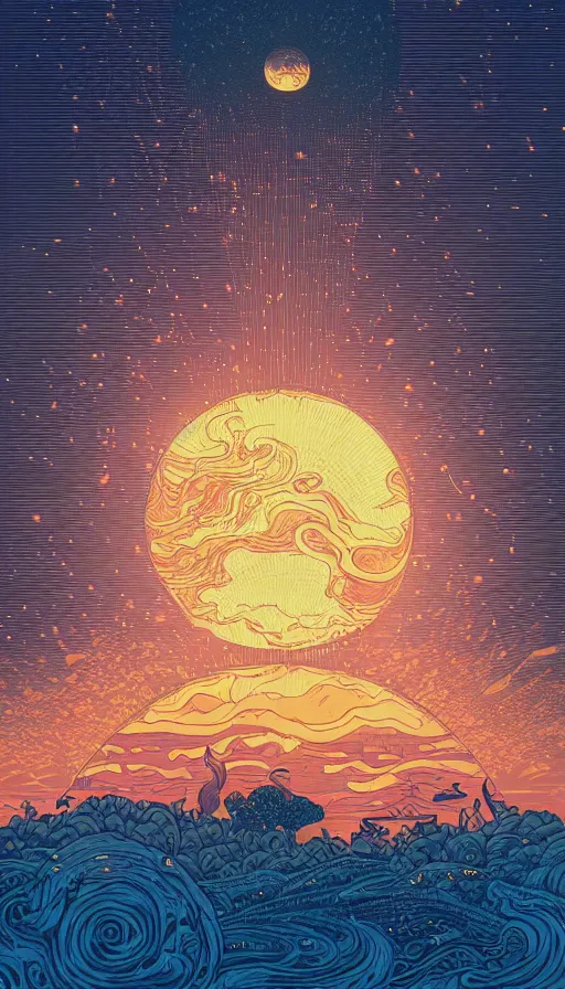 Image similar to harvest moon floating on cosmic maelstrom sunset sky, futurism, dan mumford, victo ngai, kilian eng, da vinci, josan gonzalez