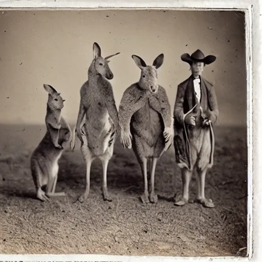 Prompt: kangaroo and wallabies wearing cowboy costumes, small town, 1 8 6 0 s, photo