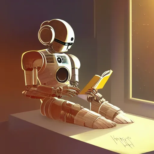 Prompt: digital painting of a droid robot reading a book, concept art, sunlight pouring through window, large scale, high detail, futuristic, godrays, volumetric lighting, warm lighting