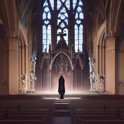 Image similar to angel protecting man who is praying inside a gothic church by Stanley Artgerm Lau, WLOP, Rossdraws, James Jean, Andrei Riabovitchev, Marc Simonetti, Yoshitaka Amano, ArtStation, CGSociety, highly detaild 4K, cinematic style, studio light