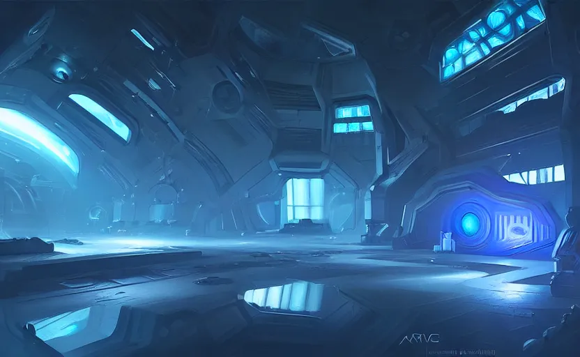 Image similar to futuristic factory in a dark cave, blue crystals, halo, star craft, concept art, mate painting, artstation