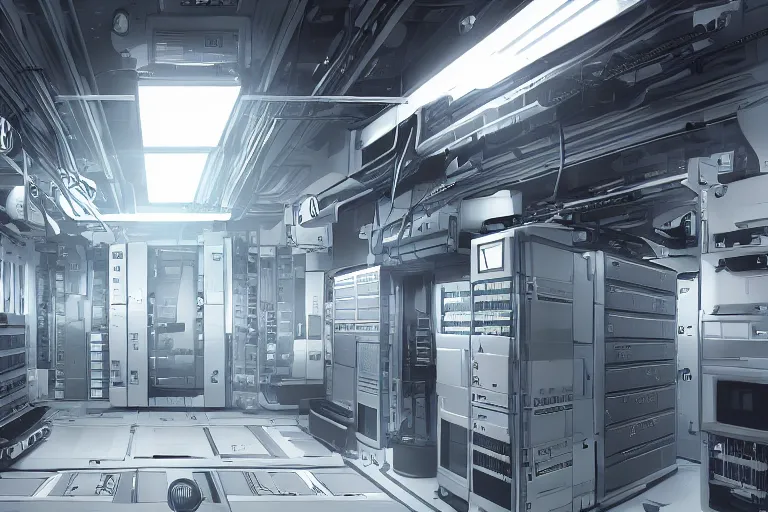 Image similar to parallax datacenter server room single mono colossus white rusty android robosaurus guard in artstation cinematic detailed concept art volumetric light sharp coherent cgsociety symmetric perfect server equipment