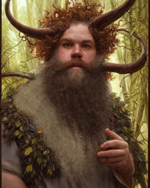 Prompt: patrick rothfuss as a forest druid with ram horns and leaves in his beard | highly detailed | very intricate | symmetrical | cinematic lighting | award - winning | closeup portrait | painted by donato giancola and mandy jurgens and magali villenueve | featured on artstation, promotional still
