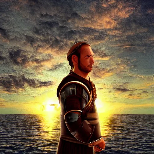 Image similar to portrait of a medieval ship pilot on a ship looking into the sunset on the sea, wearing breastplate, digital art, bokah, high fantasy art style