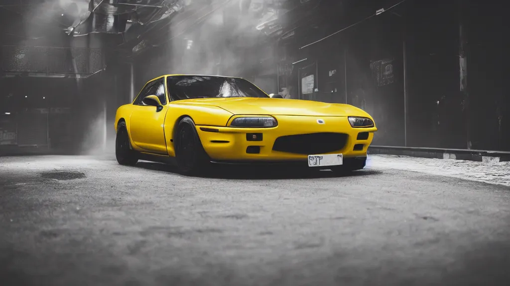 Image similar to a yellow mazda rx 7 with body kit, cinematic, nikon d 7 5 0, long exposure, white balance, 8 k, led, lumen global illumination, fog, ray tracing reflections, fxaa, rtx, post - production