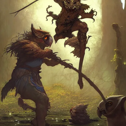 Image similar to Magic The Gathering art action shot of goblin scientist fighting an owl bear, drawn by Donato Giancola and Tom Bagshaw, Edmund Leighton, Alphonse Mucha, 4k, volumetric lighting, komorebi, intense battle scene award winning, octane render, hyperrealistic