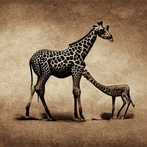 Image similar to giraffe pig hybrids riding bicycles, sepia toned illustration