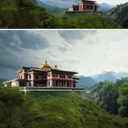 Image similar to modernist house inspired by a tibetan palace, overlooking a valley, big trees, clouds, dramatic lighting, artstation, matte painting, raphael lacoste, simon stalenhag, frank lloyd wright, drone view