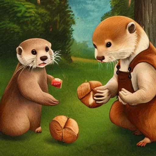 Image similar to an otter child wearing cute overalls holds out a chestnut in its paws, fantasy illustration,