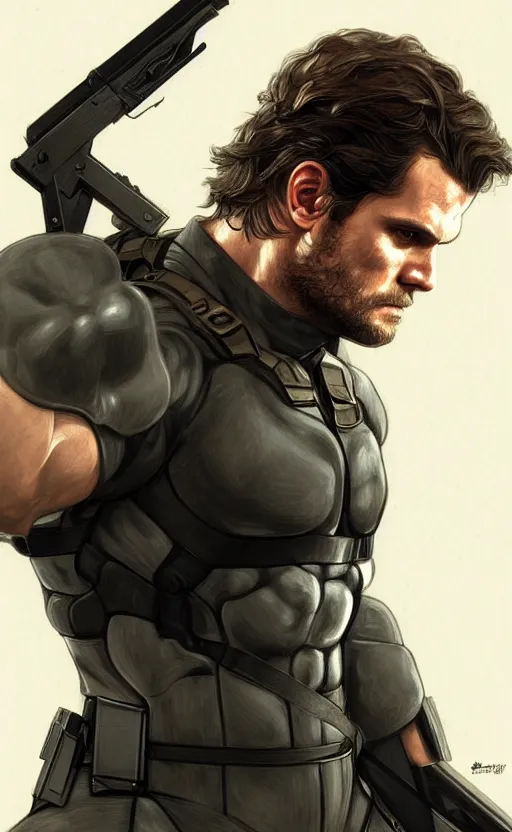 Image similar to portrait of henry cavill as solid snake, eye patch, metal gear solid, upper body,, henry cavill!!!, fantasy, intricate, elegant, highly detailed, digital painting, artstation, concept art, smooth, sharp focus, illustration, art by artgerm and greg rutkowski and alphonse mucha