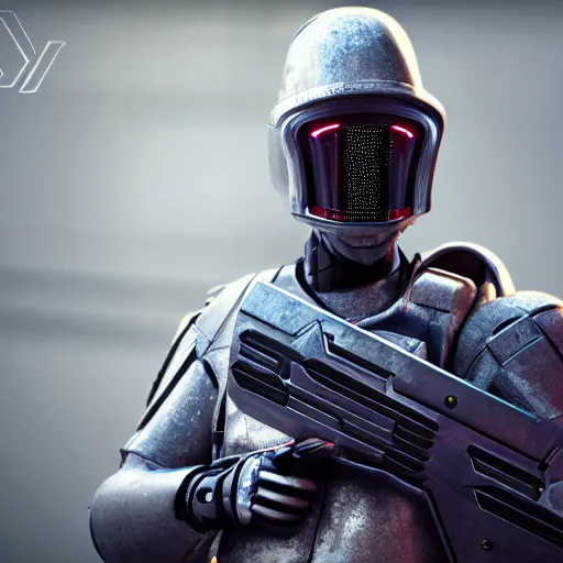 Image similar to cybernetic soldier holding a weapon, rule of thirds, octane render