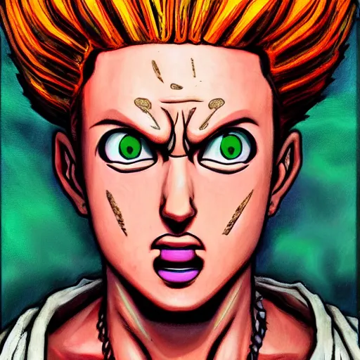 Image similar to a oil painting of a modern god in the style of Hirohiko Araki in the style of akira toriyama detailed realistic High Resolution HD 8k