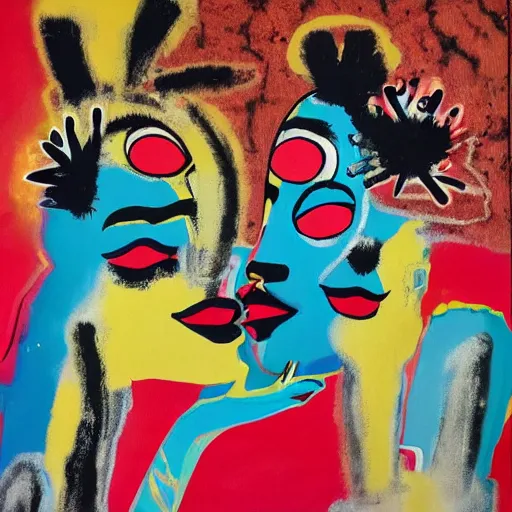 Image similar to acrylic painting of two bizarre psychedelic women kissing in japan in winter, speculative evolution, mixed media collage by basquiat and jackson pollock, maximalist magazine collage art, sapphic art, psychedelic illustration