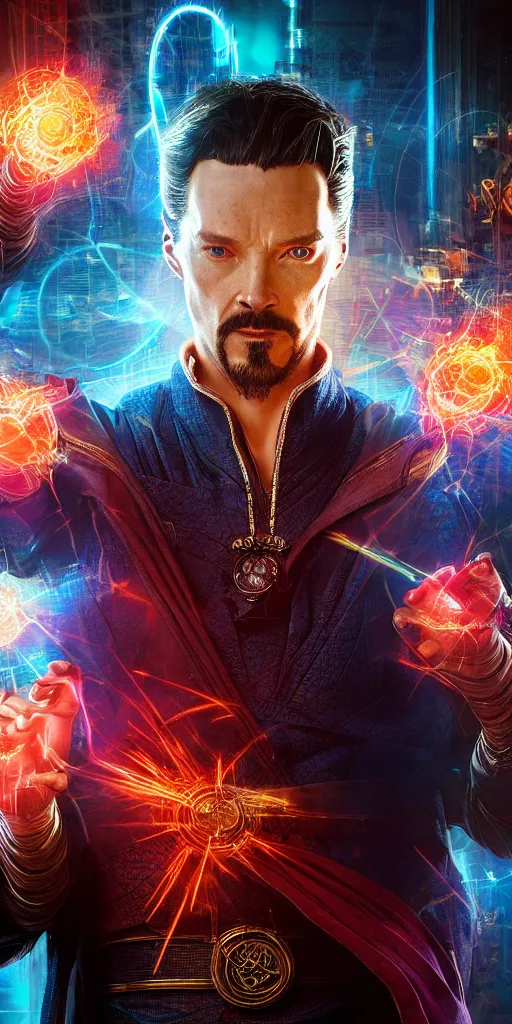 Image similar to cyberpunk, dr strange, photograph, cinematic,