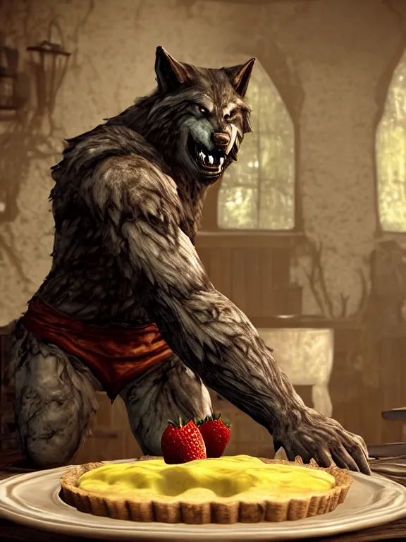 Prompt: cute handsome cuddly burly surly relaxed calm timid werewolf from van helsing sitting down at the breakfast table in the kitchen of a normal country home cooking having fun lighthearted whimsy whimsical baking strawberry tart cakes unreal engine hyperreallistic render 8k character concept art masterpiece screenshot from the video game the Elder Scrolls V: Skyrim