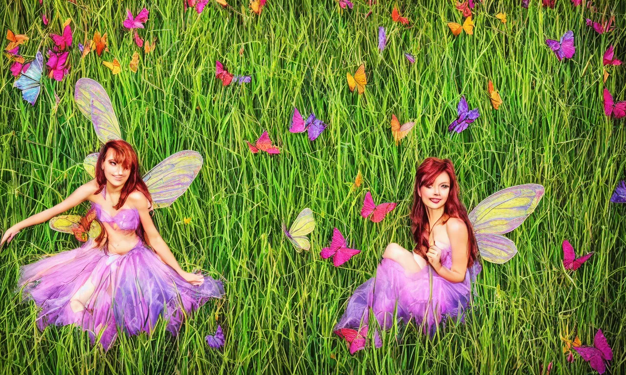 Prompt: a fairy in a grass field full of colorful butterflys