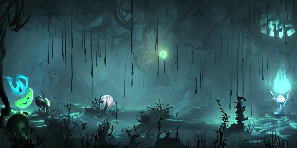 Prompt: latex dungeon dark room in the style of ori and the blind forest