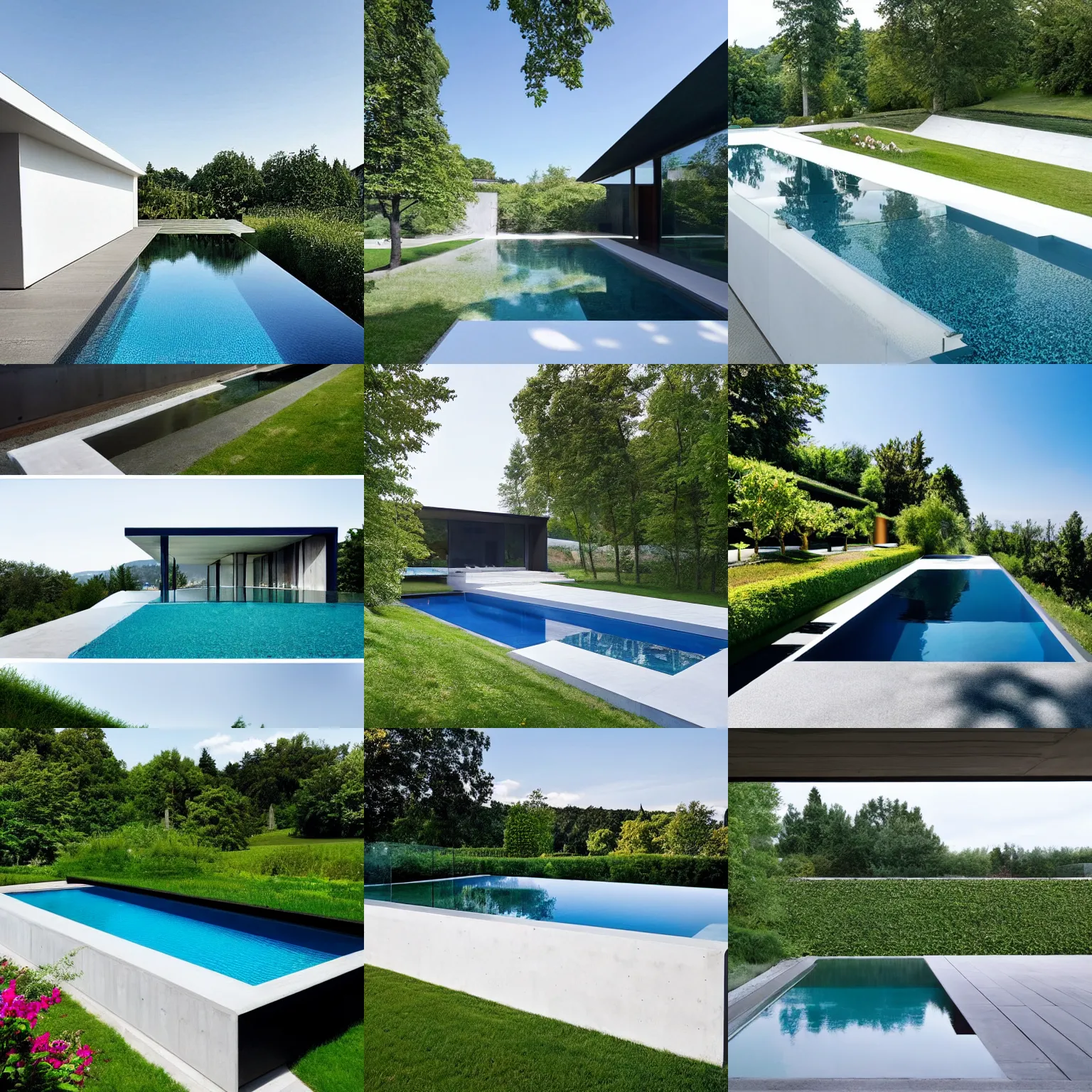 Prompt: a minimalist swimming pool made of glass and concrete on the edge of a bavarian garden hill estate filled with beautiful flowers of all colors and from all around the world