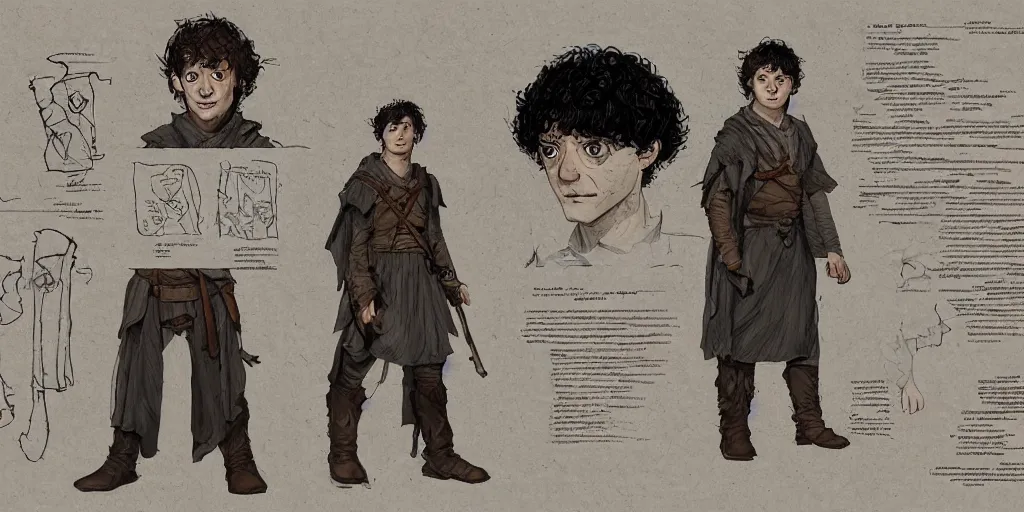 Image similar to frodo baggins, character sheet, concept design, contrast, kim jung gi, greg rutkowski, zabrocki, karlkka, jayison devadas, trending on artstation, 8 k, ultra wide angle, pincushion lens effect