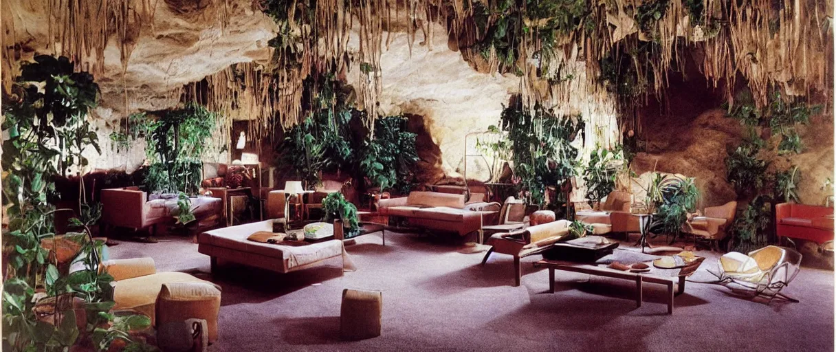 Image similar to 1970s interior design magazine photo of a living room built into a cave, with hanging plants and hanging lamps, and couches and chairs, grainy, sunfaded, the walls are made of rock