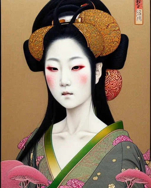 Image similar to portrait of a beautiful japanese goddess, unusual beauty, esoteric, muted colors, head in focus, fantasy art, ornamental aesthetics intricate, elegant, highly detailed, hyperrealistic painting, artstation, concept art, painterly, sharp focus, illustration, art by chie yoshii