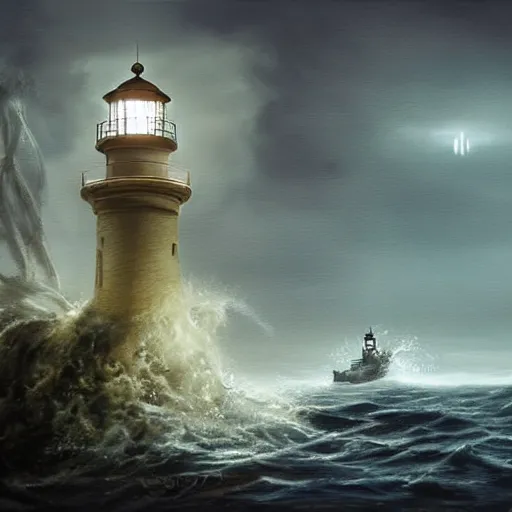 Image similar to ultra realistic illustration, a lighthouse by night being attacked by a kraken, the tentacles are wrapped around the lighthouse and there is water mist everywhere, moody, water, epic, creature, attack, tentacles, building, coast, intricate, elegant, highly detailed, digital painting, artstation, smooth, sharp focus, art by artgerm and greg rutkowski and alphonse mucha