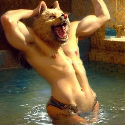 Image similar to a portrait of a furry in the pool, furry body, furry arms, furry legs, furry tail. highly detailed painting by gaston bussiere, craig mullins, j. c. leyendecker, furry