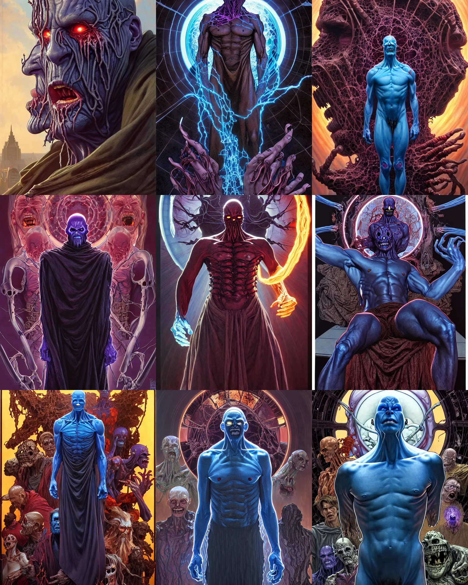 Prompt: the platonic ideal of levitating of cletus kasady ultimate carnage thanos dementor doctor manhattan chtulu nazgul, detailed, intricate, hyperrealism, intense, scary, decay, dmt, art by brock hofer and artgerm and greg rutkowski and alphonse mucha