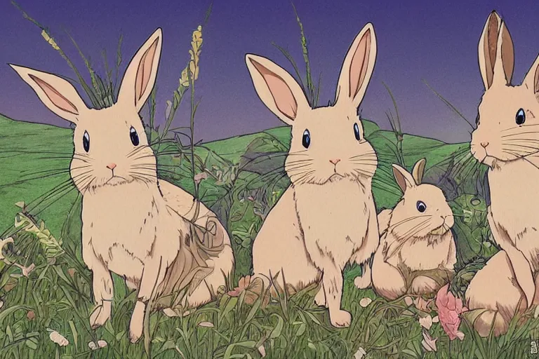 Image similar to beautiful art illustration of a group of rabbits by studio ghibli, anime, highly detailed